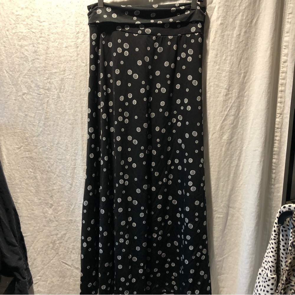 Lularoe black and white modern polka dot flare maxi skirt foldover waist S
